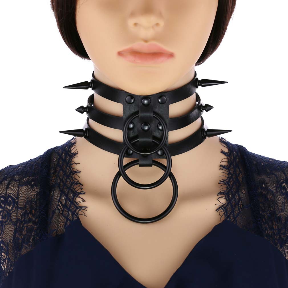 Goth Punk Spike Choker - Collar de cuero con remaches negros,